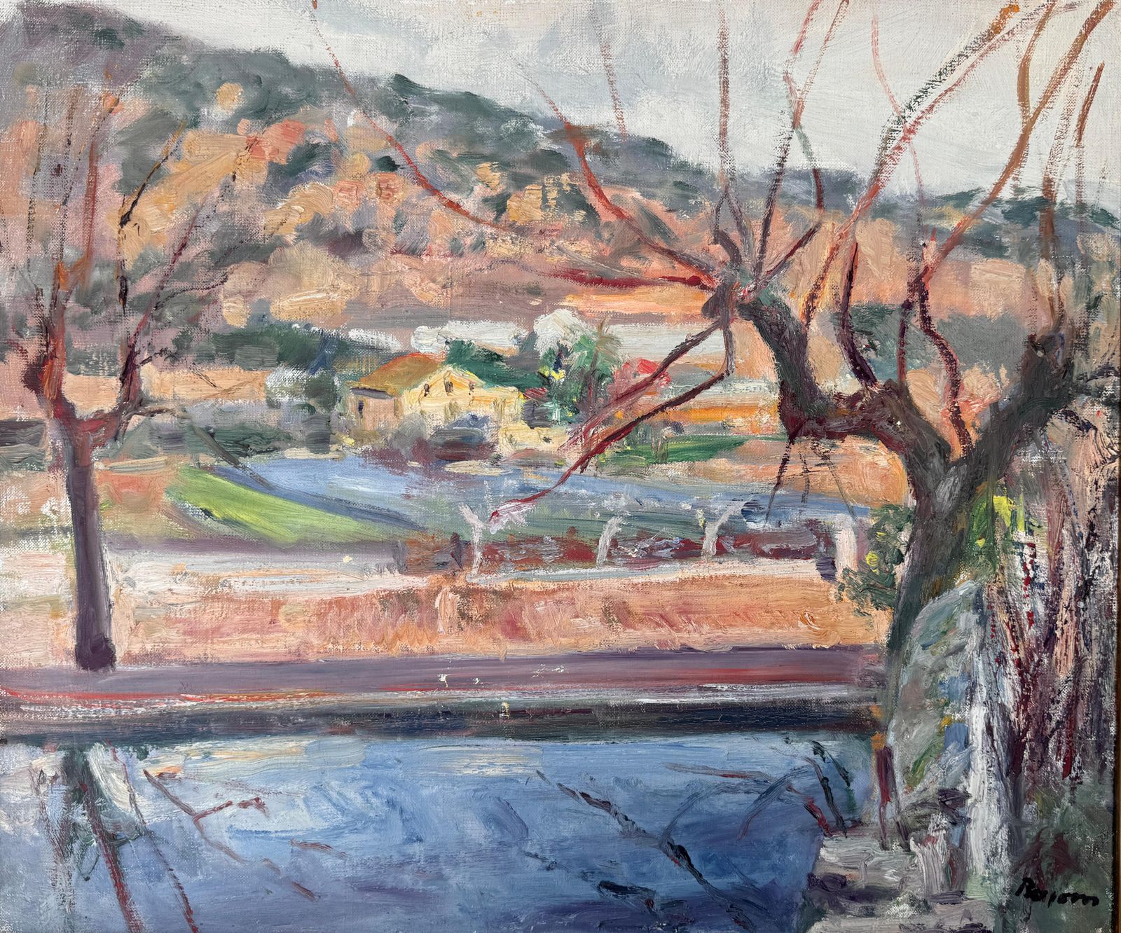 Simó Busom Grau Simó Busom, Catalan Mediterranean Landscape With River, Signed Mid Century Oil C.1960 photo furniture