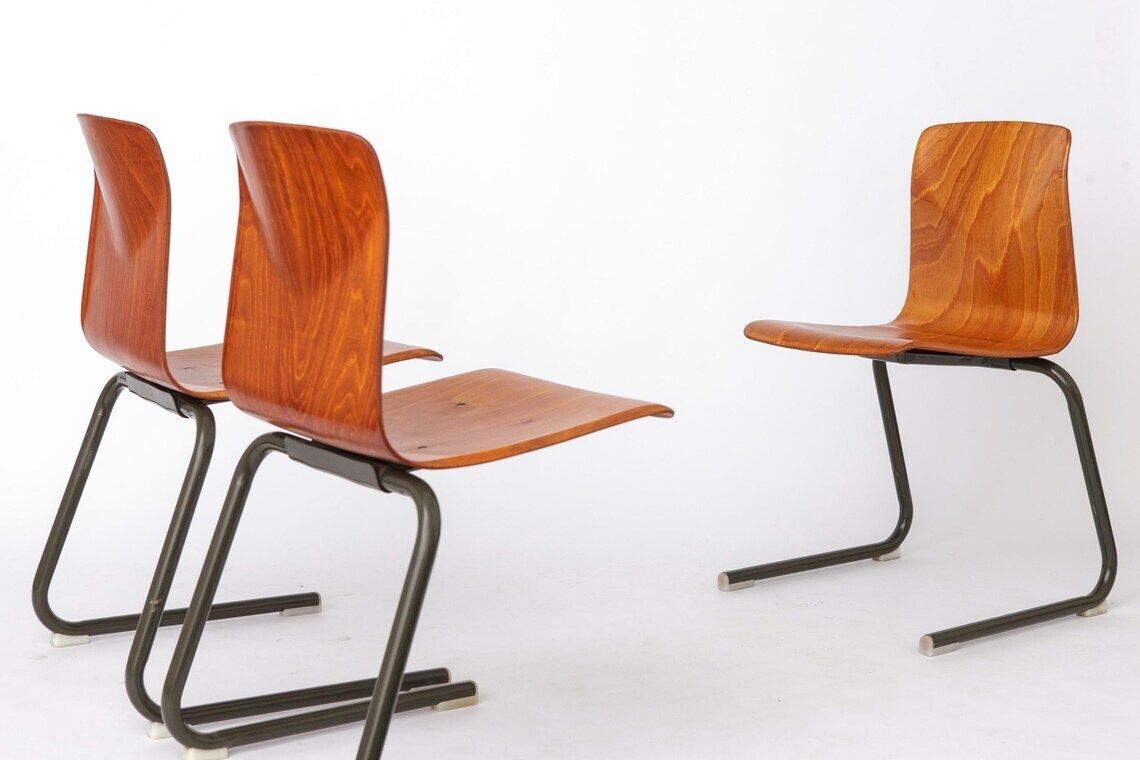 Set Of 6 Vintage Stackable Chairs 1970s Netherlands, Thur Op Seat, Mid Century Metal And Plywood Dining Chairs photo 1532.0