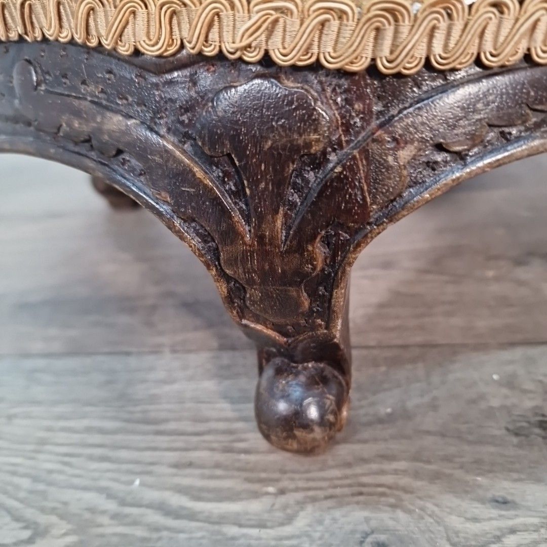 photo for sale Antique Oval Footstool Carved Wood Cabriole Legs Low Ottoman French Louis Style