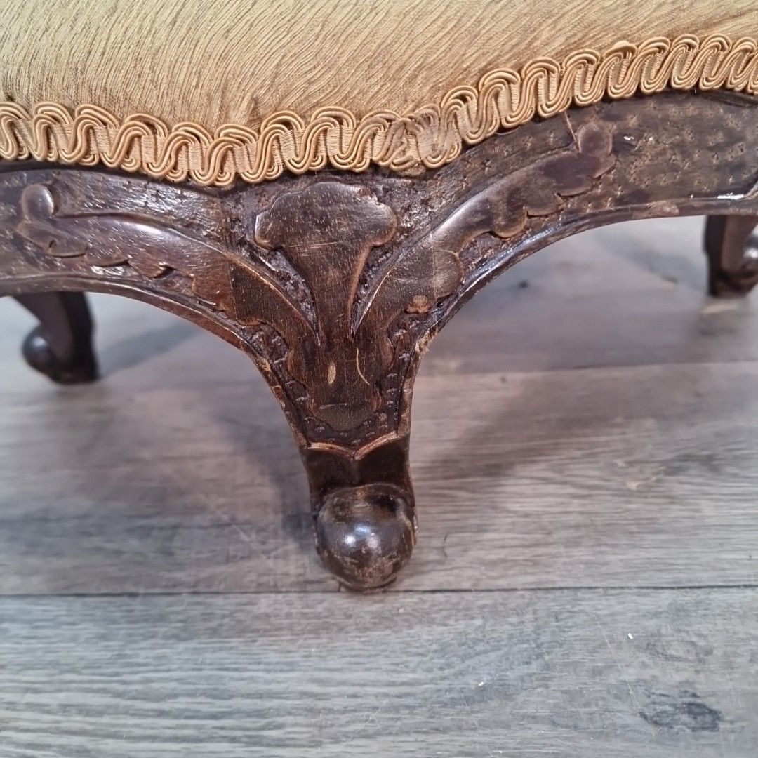 photo buy Antique Oval Footstool Carved Wood Cabriole Legs Low Ottoman French Louis Style