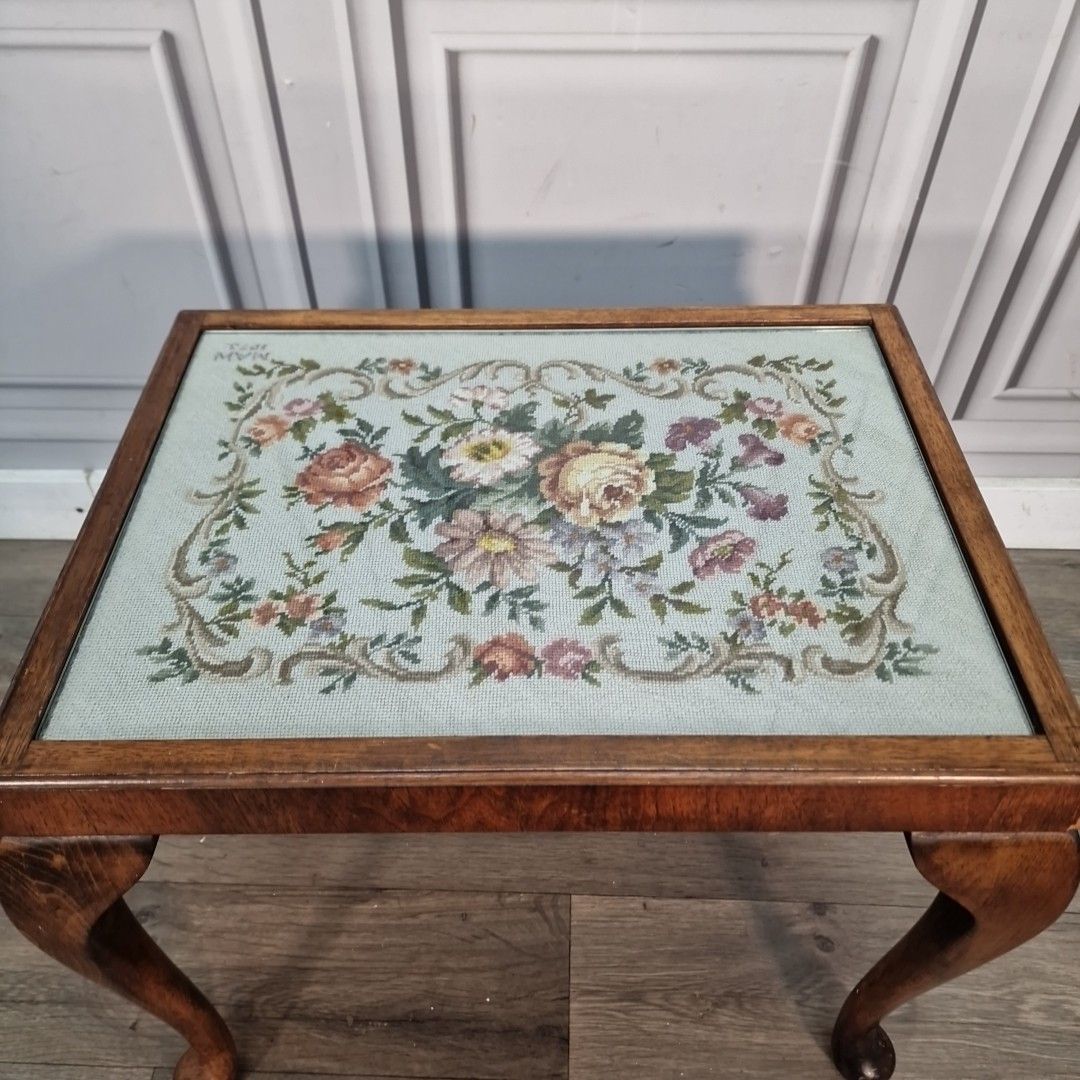 Vintage Walnut Side Table Glass Top Queen Anne Wood Coffee Floral Needlework photo Furniture