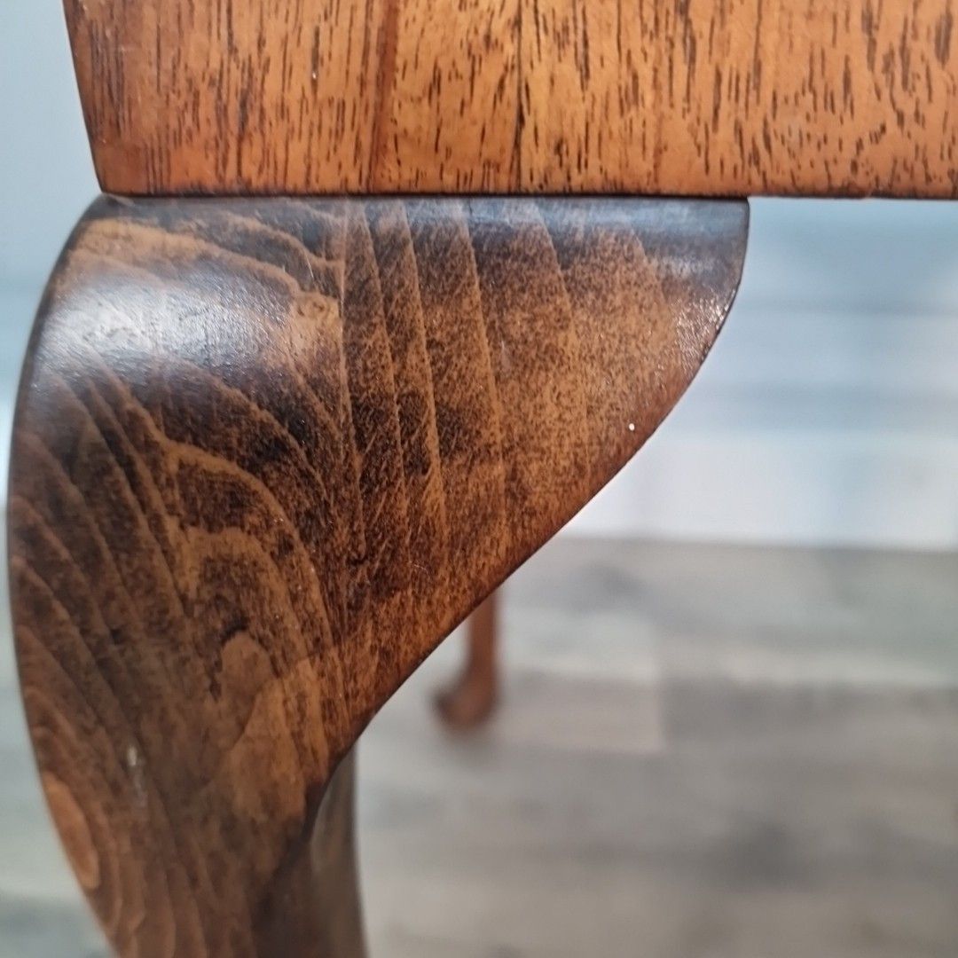 photo for sale Vintage Walnut Side Table Glass Top Queen Anne Wood Coffee Floral Needlework