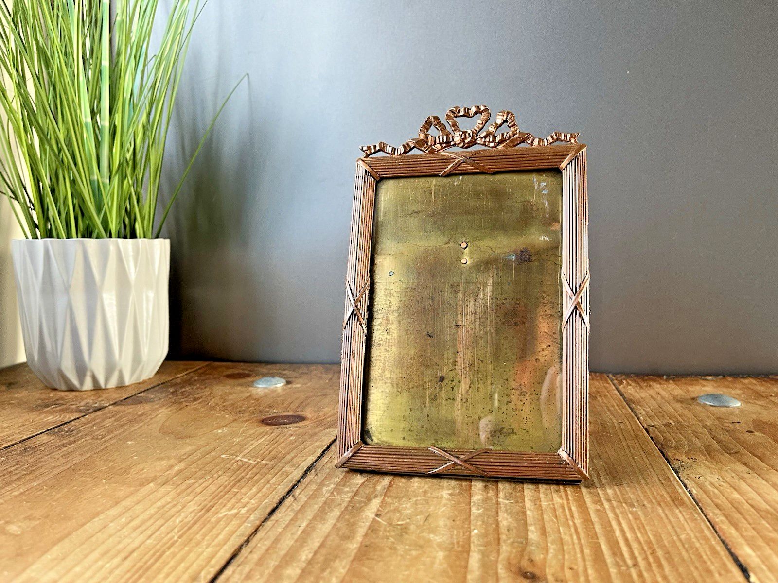 Antique French Regency Ribbon Reeded Copper Glass Easel Photo Picture Frame 19th photo vinterior