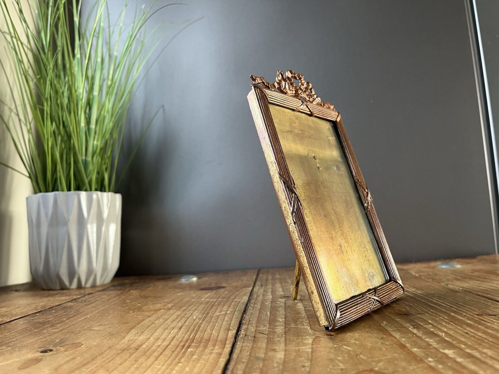 photo buy Antique French Regency Ribbon Reeded Copper Glass Easel Photo Picture Frame 19th