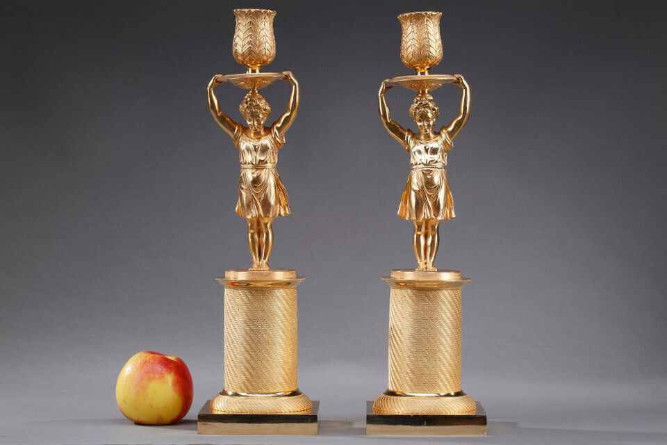 Pair Of Restoration Style Gilt Bronze Candlesticks photo for sale