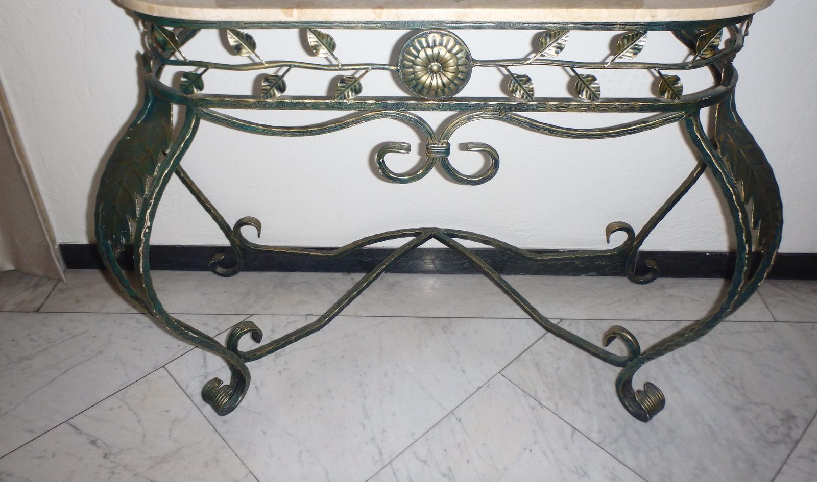 1940s Art Deco Wrought Iron Green Gold Console, Marble Top With Ivy Inlay photo vinterior