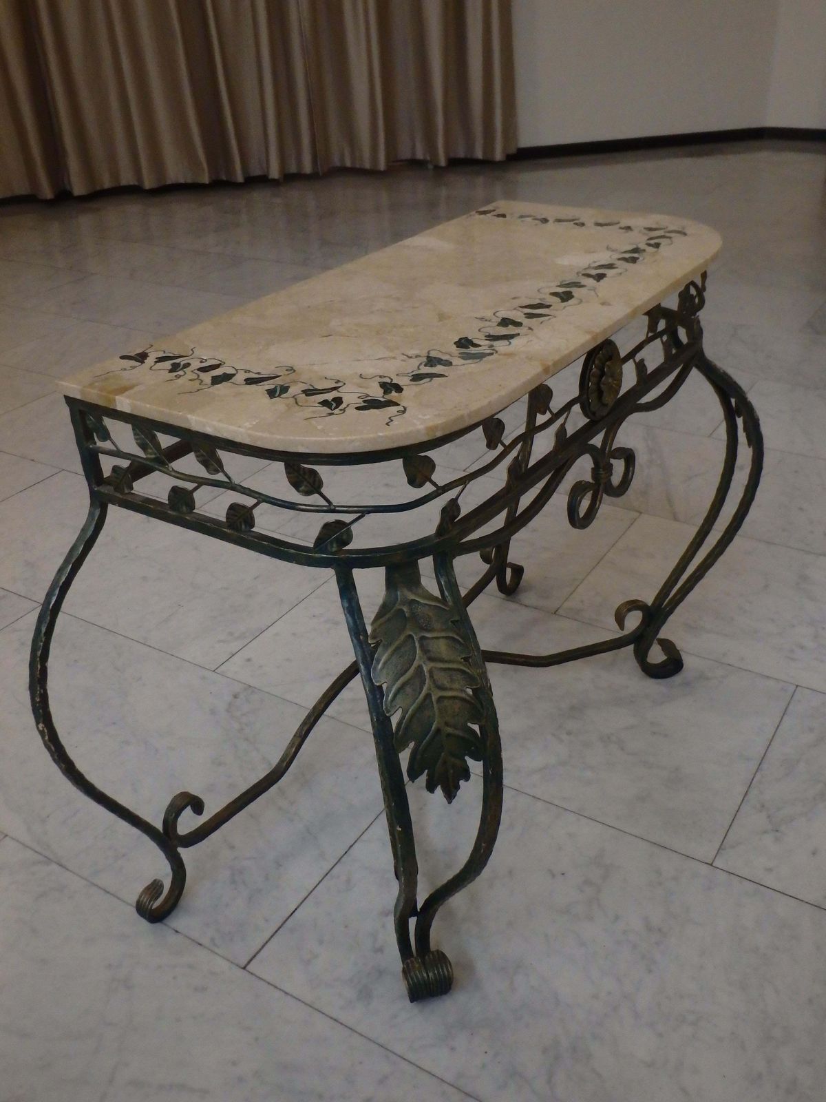 Furniture 1940s Art Deco Wrought Iron Green Gold Console, Marble Top With Ivy Inlay photo