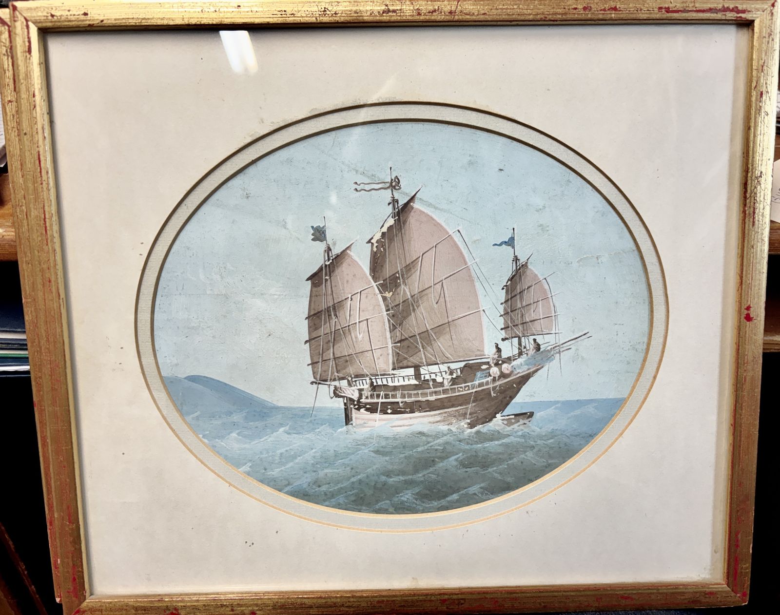 Pair Of 19th Century Chinese Gouache Junk Boats photo for sale