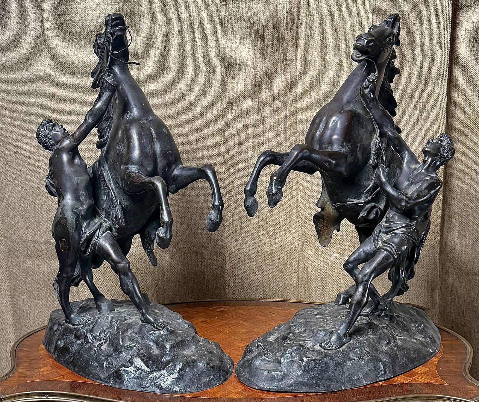 Large Pair Of Dark Patinated Bronze Marly Horse Tamers After Guillaume Coustou, 19th Century