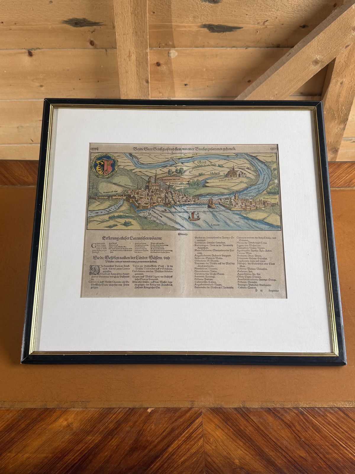 16th Century Hand Coloured Woodcut View Of Geneva — Sebastian Münster's Cosmographia photo for sale