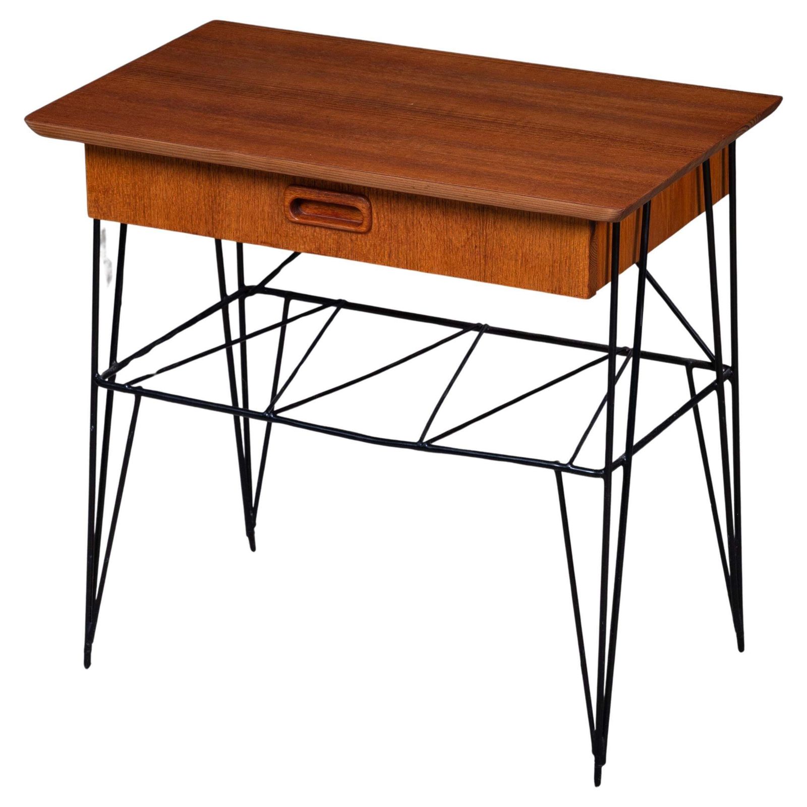 Mid Century Teakhouten Nachtkastje / Bijzettafel Met Metalen Frame, Deens Design, Jaren 1960