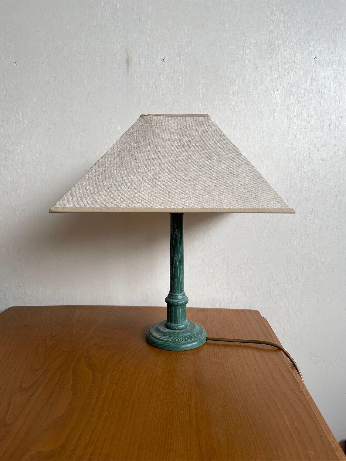 Vintage Green Stained Pine Table Lamp 80s 90s Square Shade