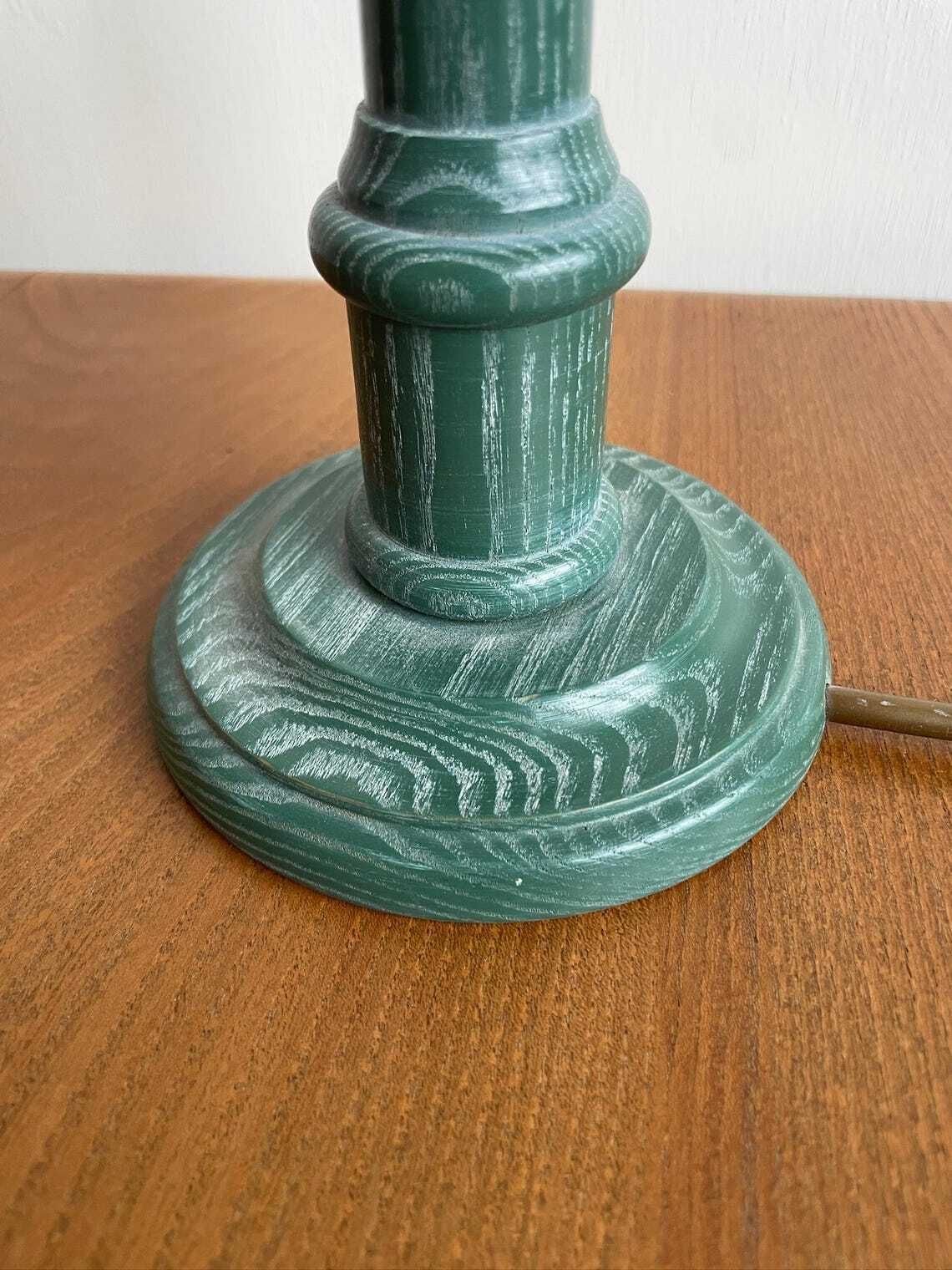 Vintage Green Stained Pine Table Lamp 80s 90s Square Shade photo vinterior