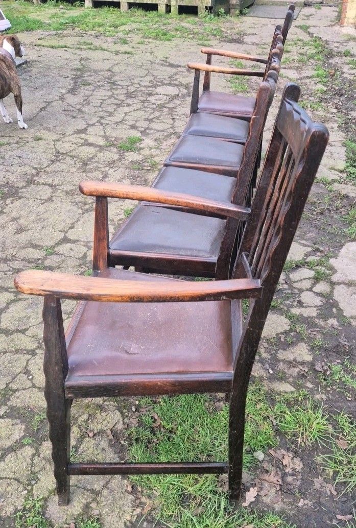 Set Of 6 Antique Oak Dining Chairs Including 2 Carvers photo buy