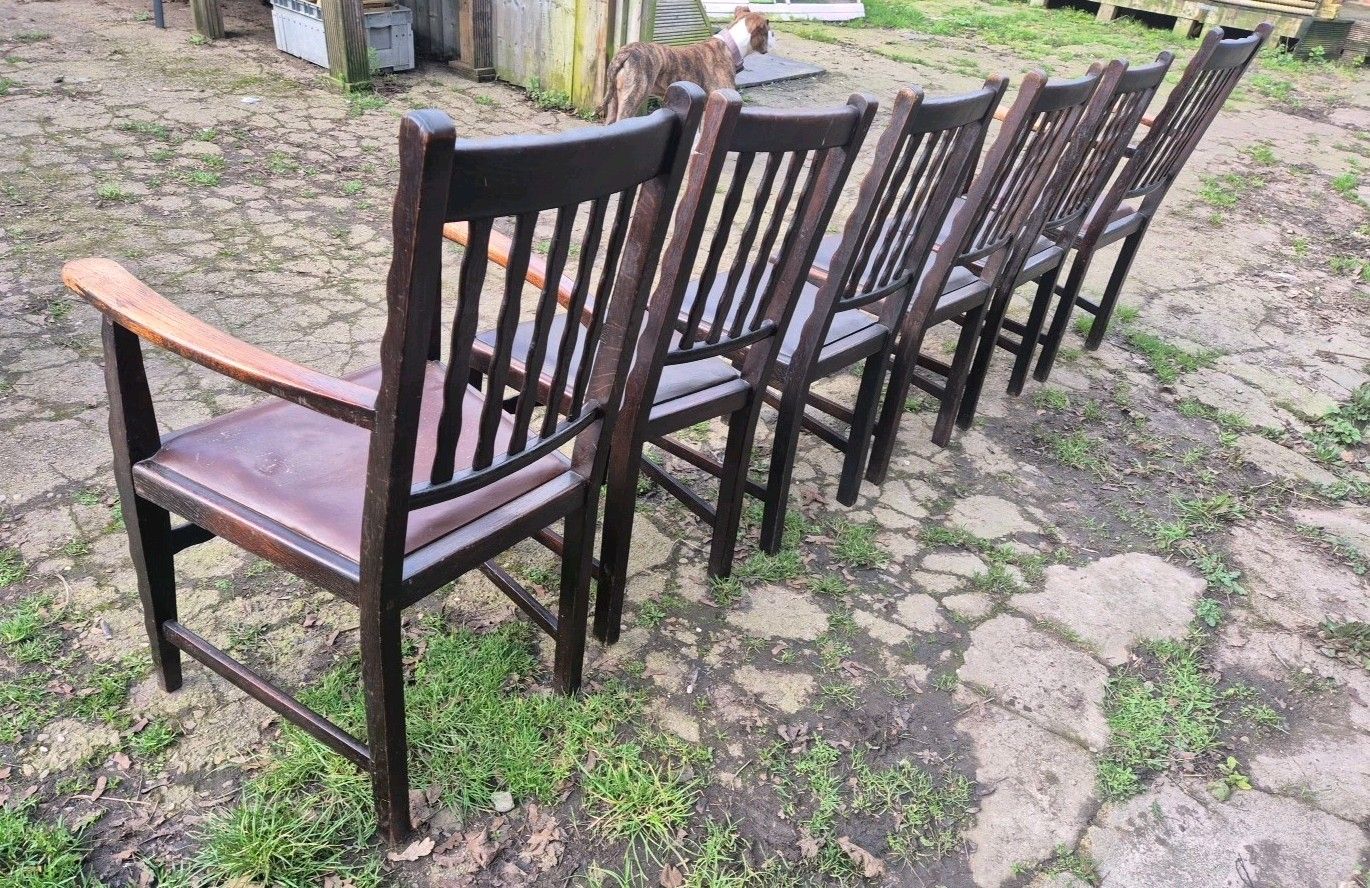 Set Of 6 Antique Oak Dining Chairs Including 2 Carvers photo vintage