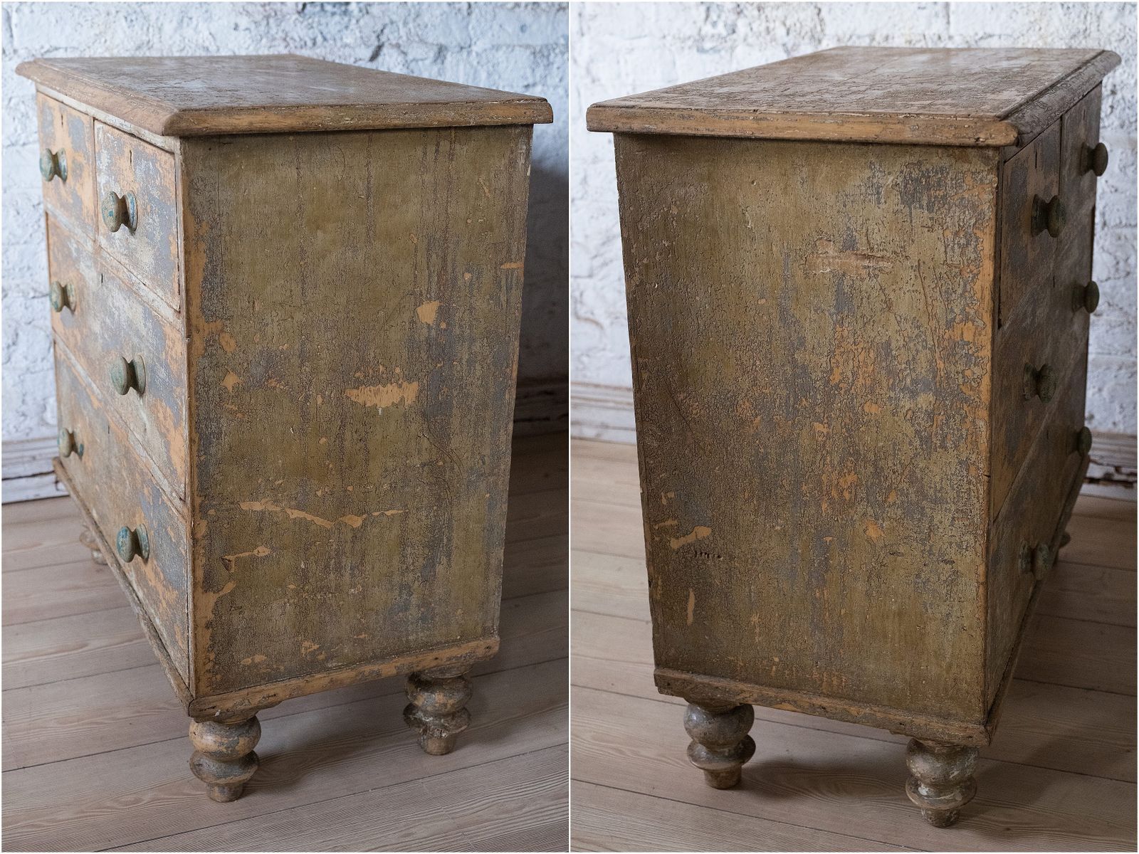 photo vintage Stunning Painted Victorian Pine Chest Of 4 Drawers (2 Over 2) Raised On Turned Legs (948)