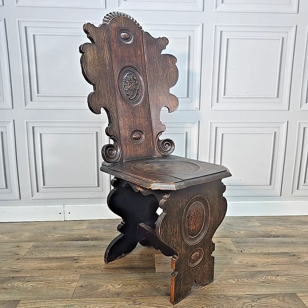 Antique Hall Chair Gothic Revival – Carved Solid Oak Heraldic Crest Entrance