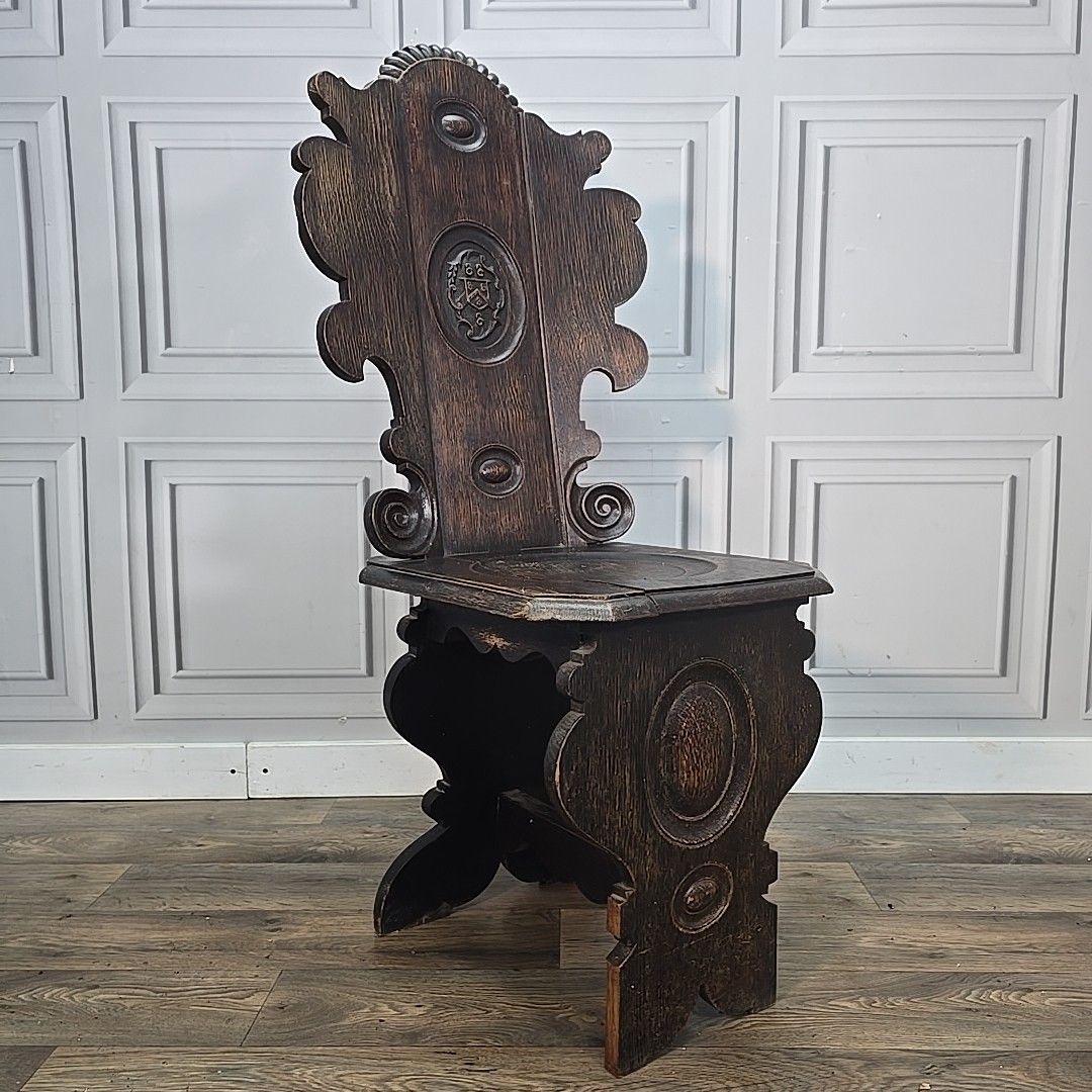 Antique Hall Chair Gothic Revival – Carved Solid Oak Heraldic Crest Entrance photo furniture