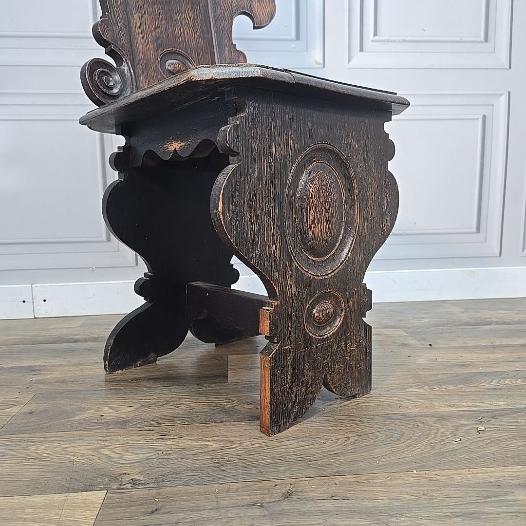 Antique Hall Chair Gothic Revival – Carved Solid Oak Heraldic Crest Entrance photo for sale