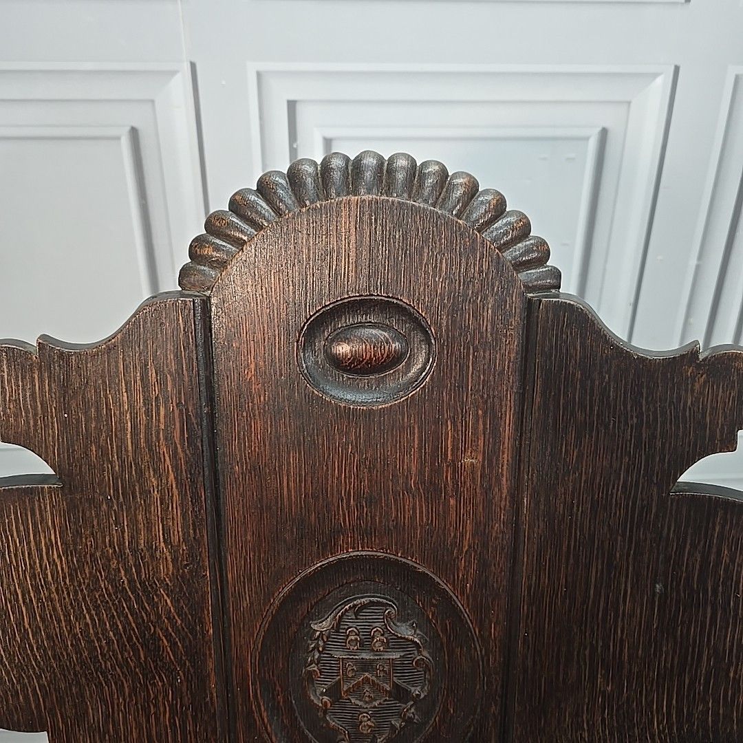 Furniture Antique Hall Chair Gothic Revival – Carved Solid Oak Heraldic Crest Entrance photo
