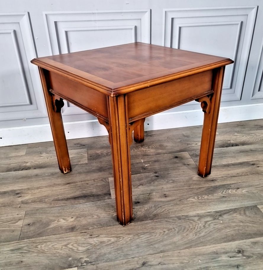Vintage Wooden Side Table – Parquet Inlaid Top – Square Lamp Coffee Retro