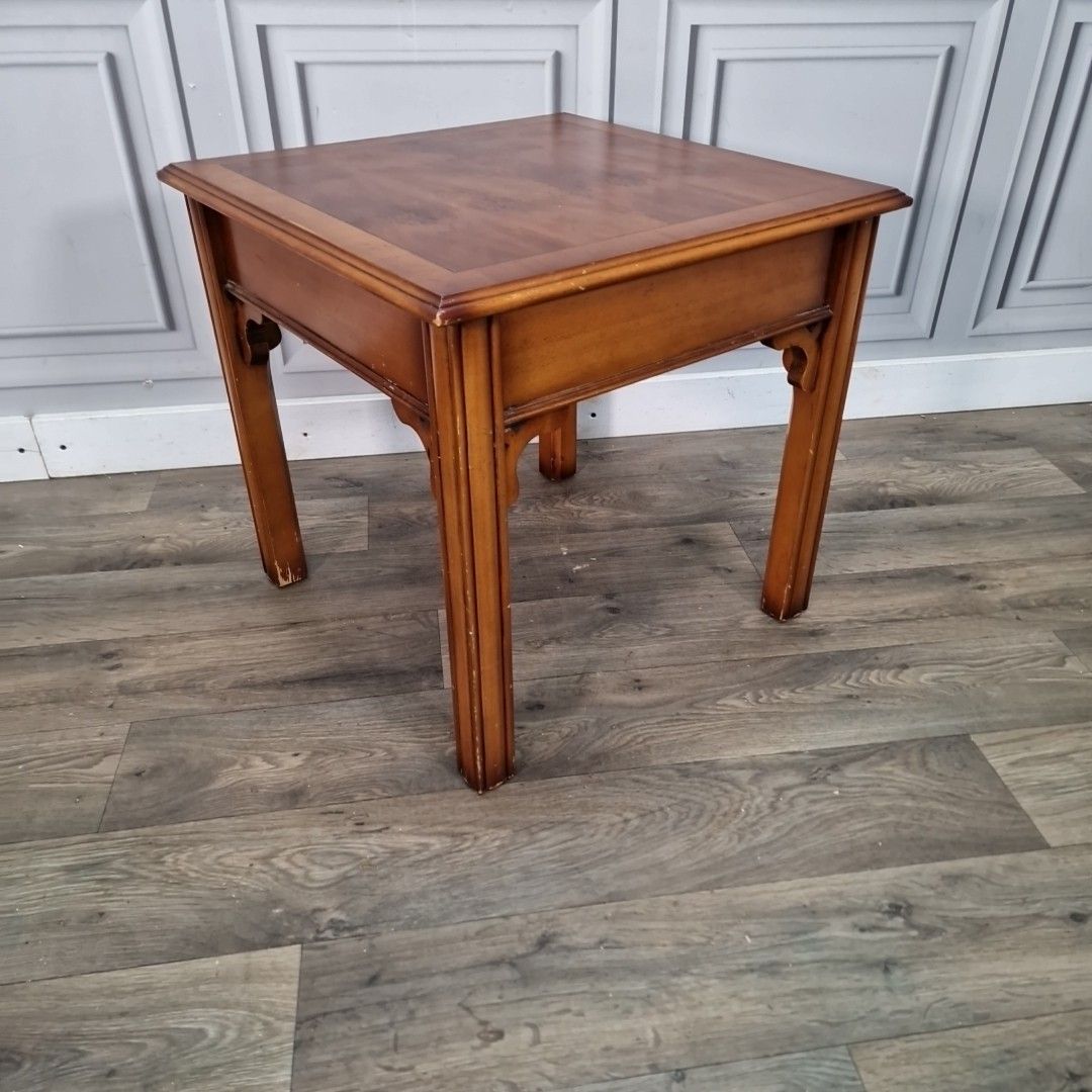 Vintage Wooden Side Table – Parquet Inlaid Top – Square Lamp Coffee Retro photo furniture