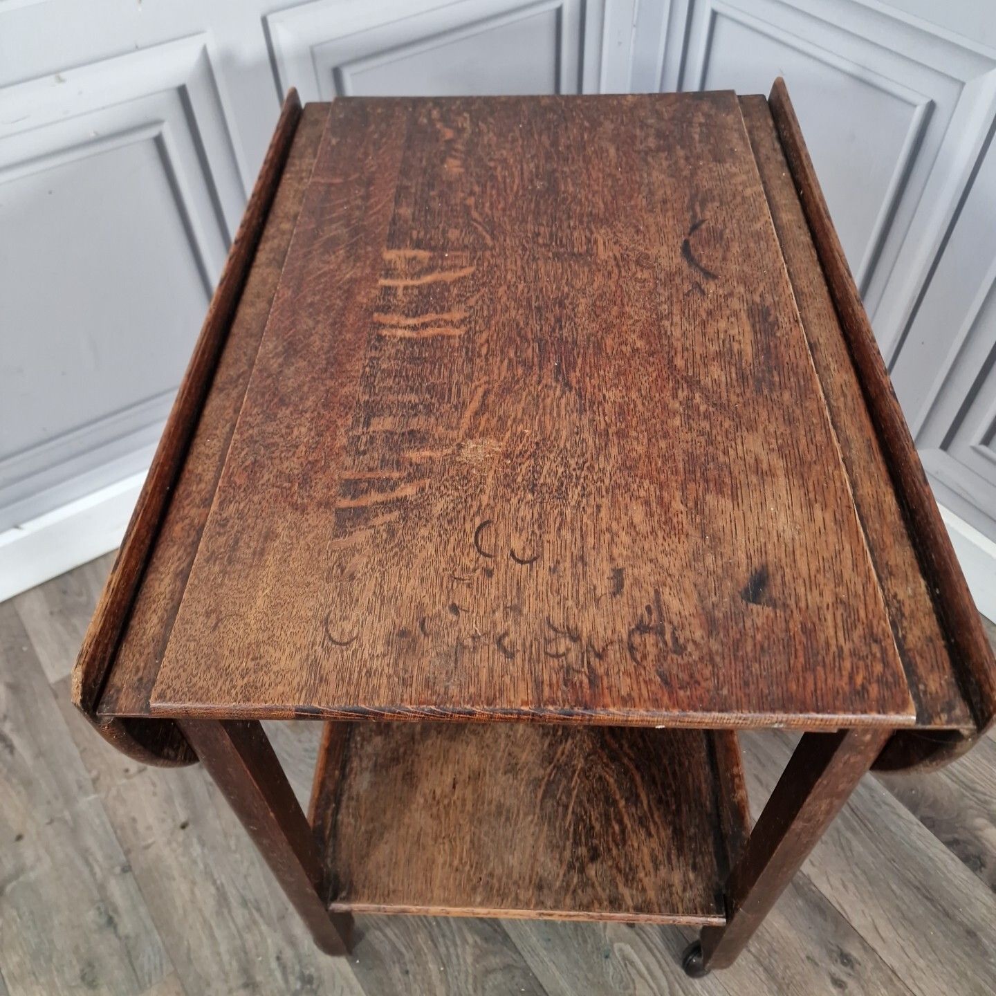 Vintage Drinks Table Trolley Drop Leaf Cocktail Tea Mid Century Oak Solid Wooden photo vinterior