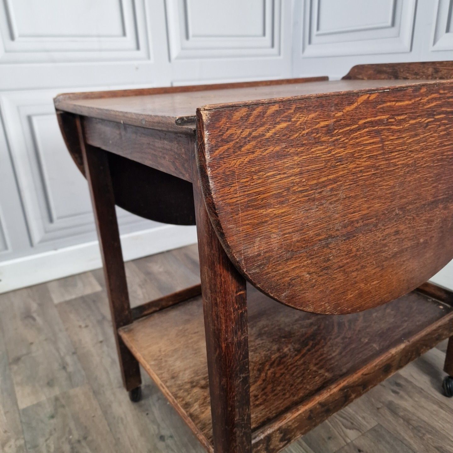 90.0 Vintage Drinks Table Trolley Drop Leaf Cocktail Tea Mid Century Oak Solid Wooden photo