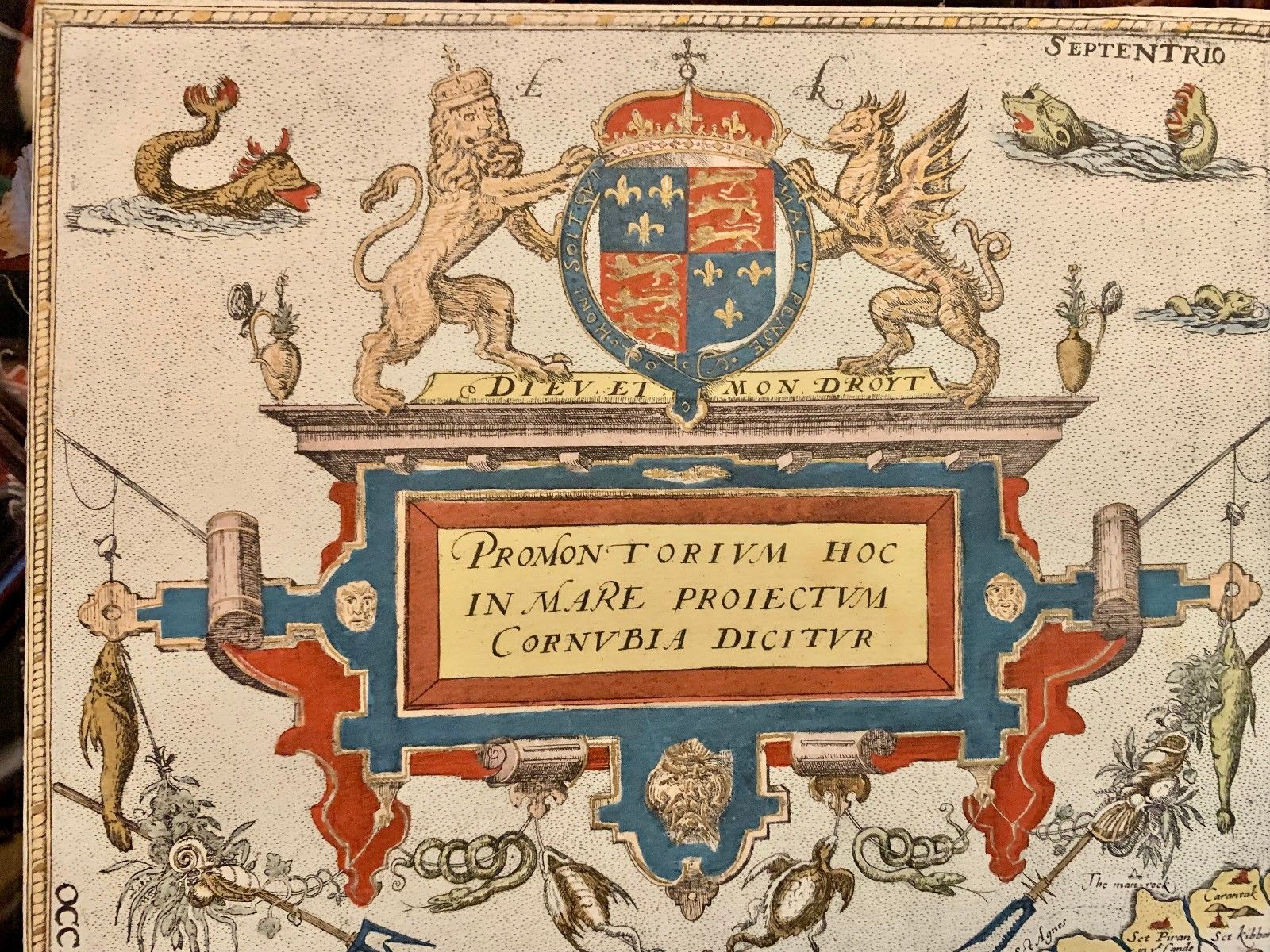 Antique Saxton Map Of Cornwall 1576 British Museum Gilded Hand Coloured Large photo furniture