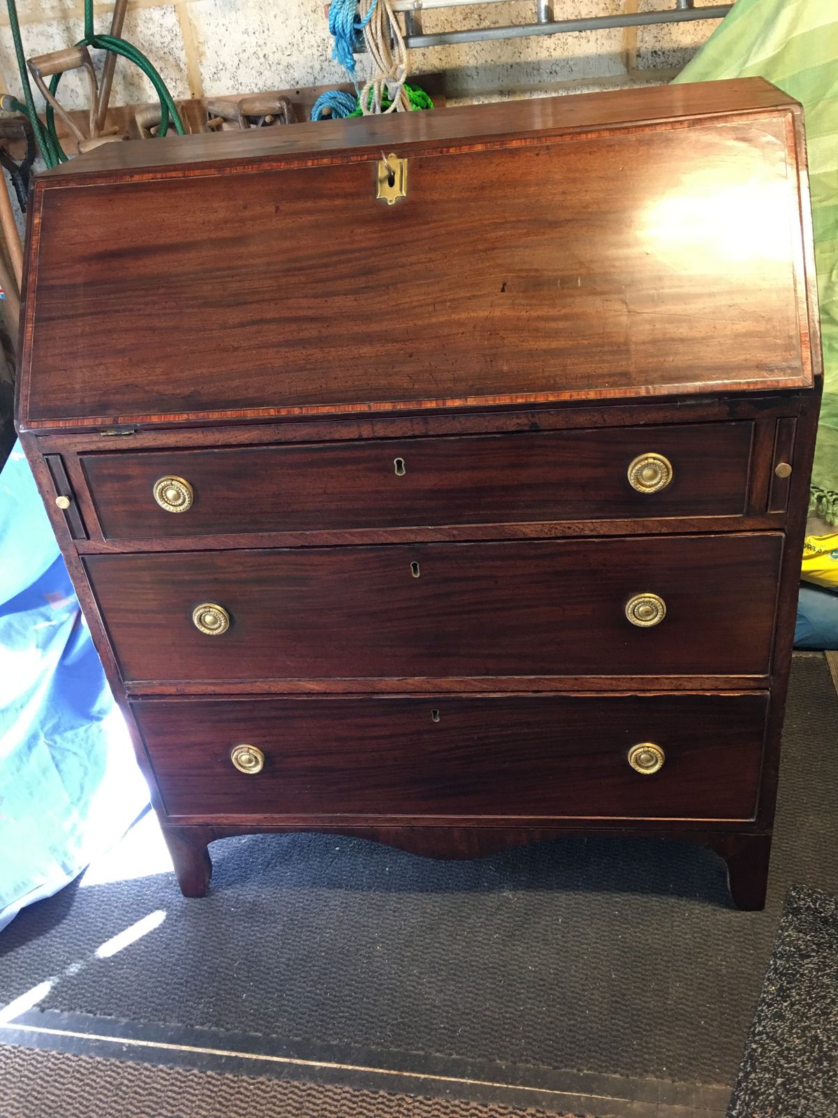 Original Antique Mahogany Inlaid Banding Bureau, 1820 1830