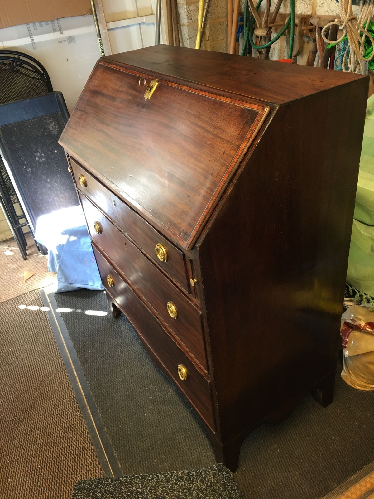 Original Antique Mahogany Inlaid Banding Bureau, 1820 1830 photo for sale