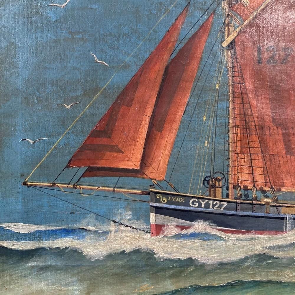 Antique Marine Painting   Grimsby Fishing Ketch photo for sale