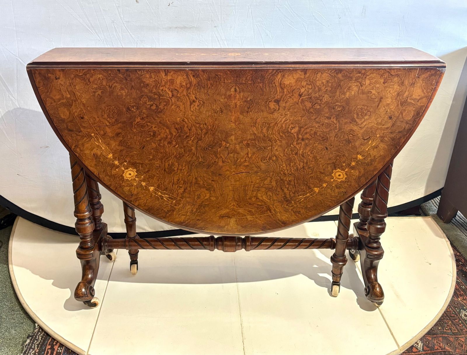 Victorian Burr Walnut And Floral Marquetry Inlaid Oval Sutherland Table photo for sale