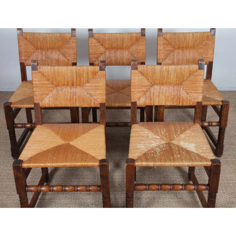 Set Of 6 Wooden Straw Chairs, French Craftsmanship, 1950 photo for sale