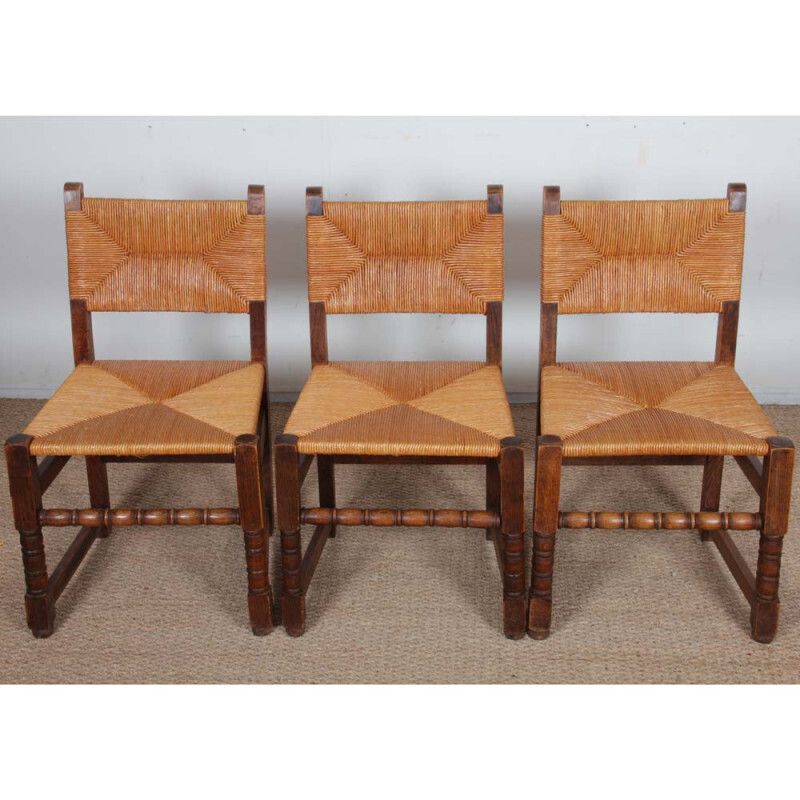 Set Of 6 Wooden Straw Chairs, French Craftsmanship, 1950 photo vinterior