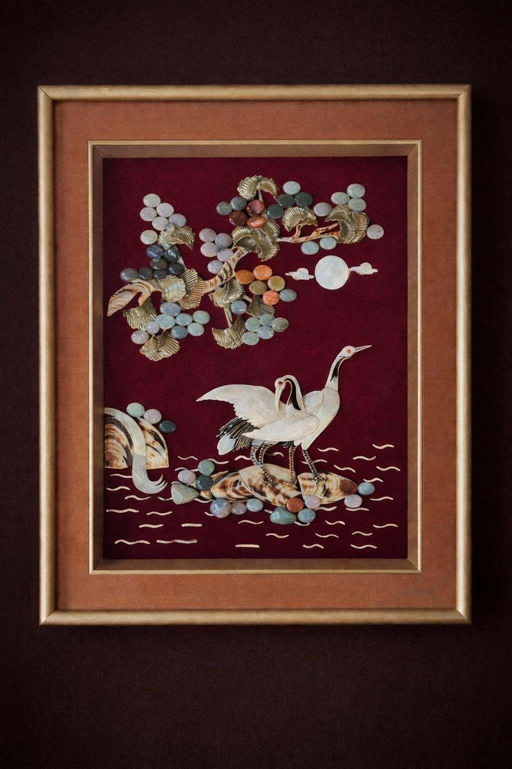 Vintage Japanese Shell Art Framed Crane Picture Chinoiserie Wall Decor