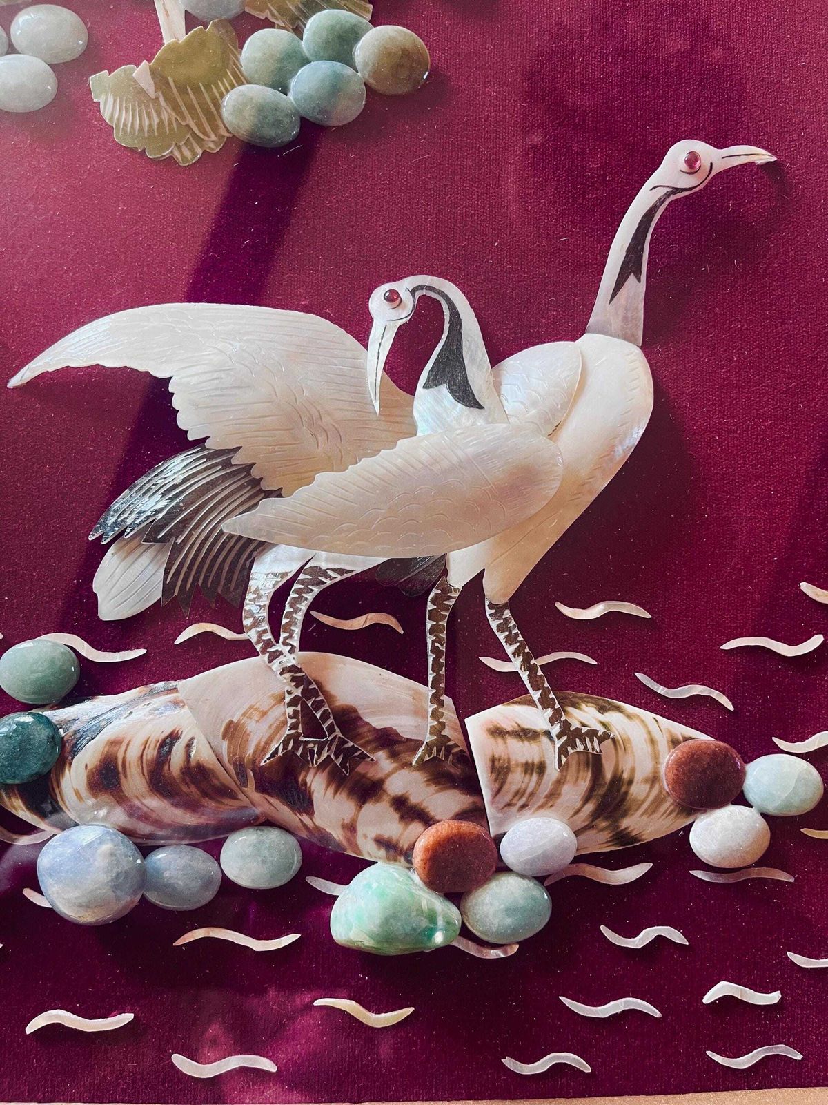 photo for sale Vintage Japanese Shell Art Framed Crane Picture Chinoiserie Wall Decor