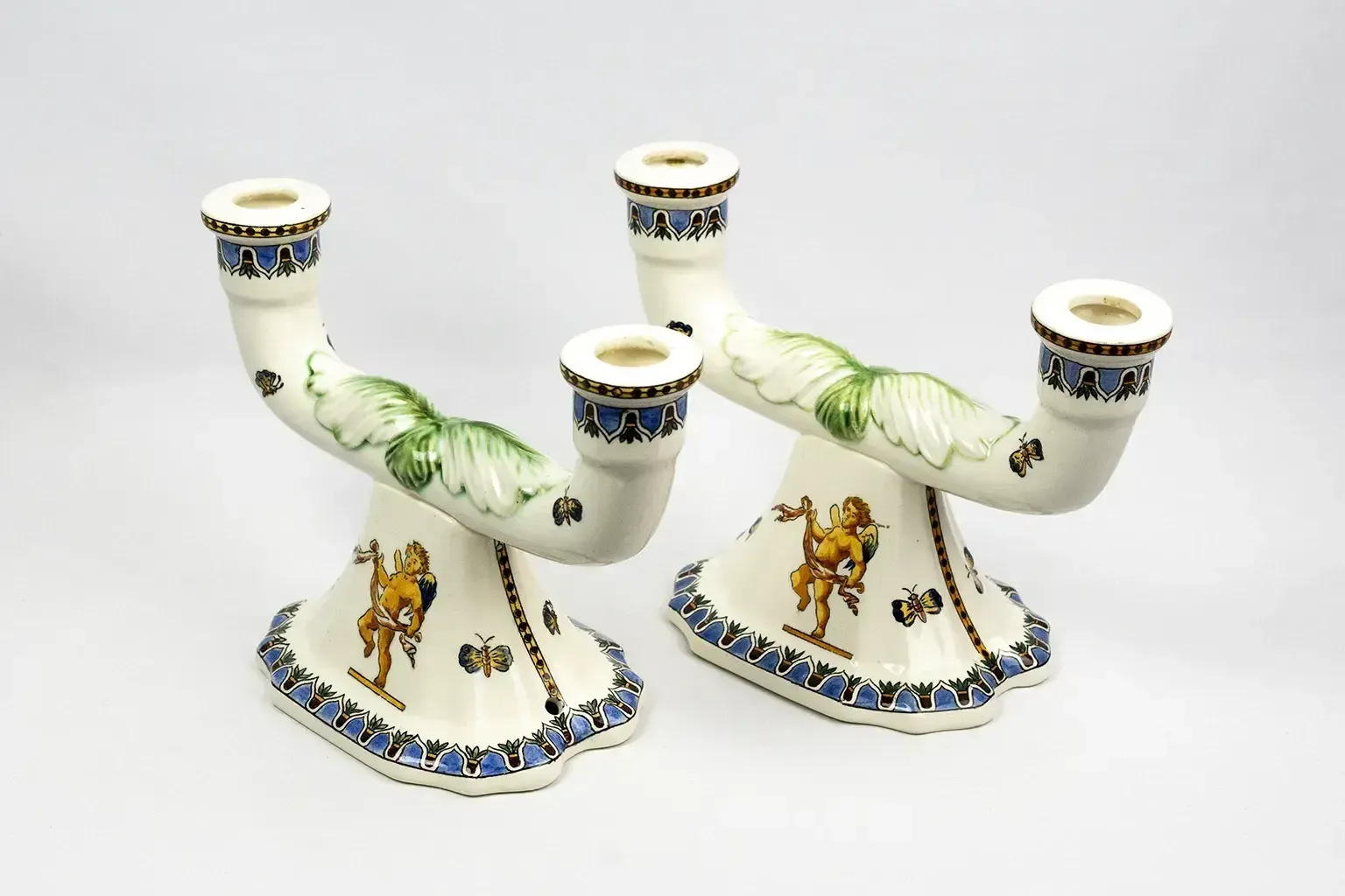 Pair Of Renaissance Style Earthenware Candlesticks – Gien Pottery Factory, 1970s photo buy