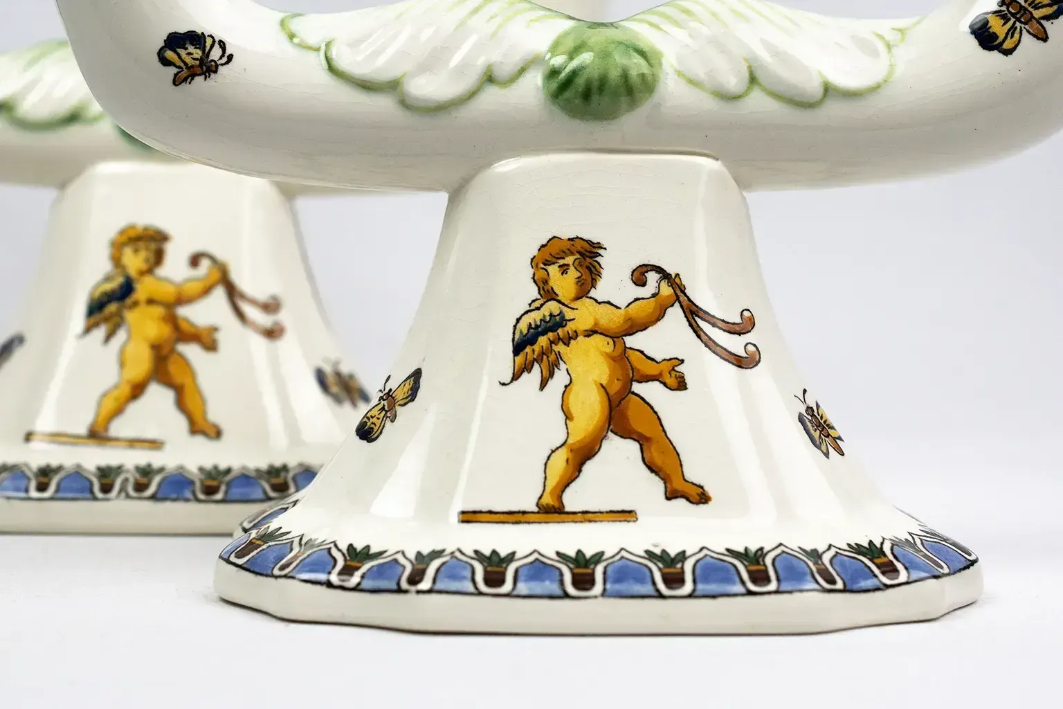Pair Of Renaissance Style Earthenware Candlesticks – Gien Pottery Factory, 1970s photo vintage