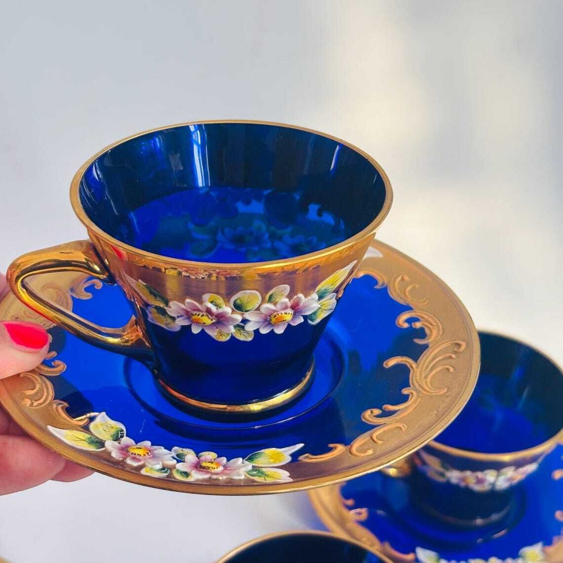 Vintage Venetian Italian Murano Cobalt Blue Glass Tea Cups & Saucers | 24k Gold Floral Enamel photo furniture