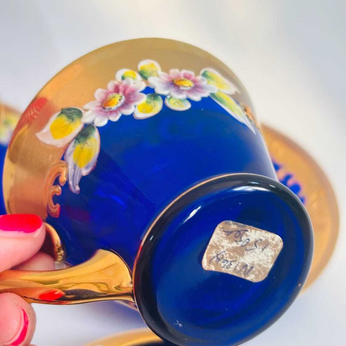 Vintage Venetian Italian Murano Cobalt Blue Glass Tea Cups & Saucers | 24k Gold Floral Enamel photo vinterior