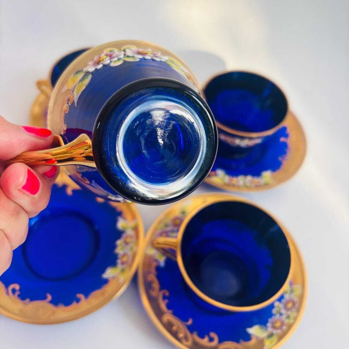 Home Decor Vintage Venetian Italian Murano Cobalt Blue Glass Tea Cups & Saucers | 24k Gold Floral Enamel photo
