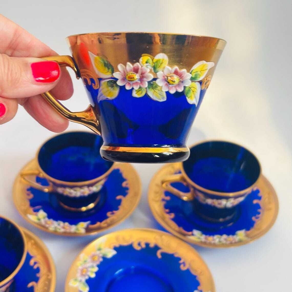 photo vinterior Vintage Venetian Italian Murano Cobalt Blue Glass Tea Cups & Saucers | 24k Gold Floral Enamel