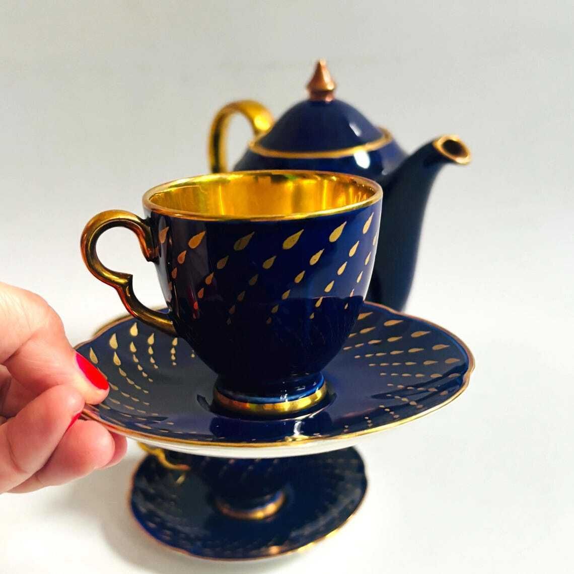 Rare Art Deco Crown Devon Fieldings Cobalt & 24k Gold Teardrop Coffee Service photo furniture