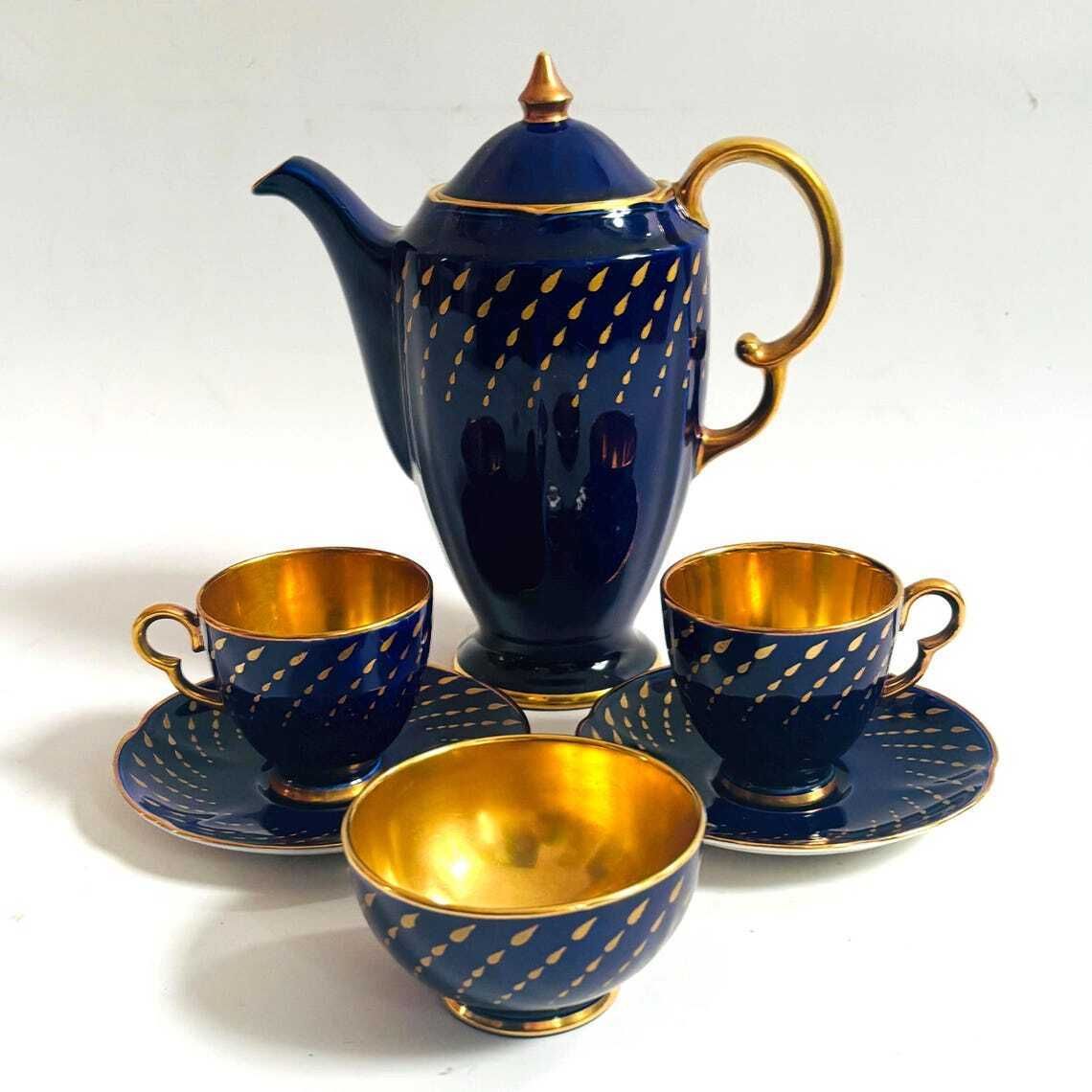Rare Art Deco Crown Devon Fieldings Cobalt & 24k Gold Teardrop Coffee Service photo for sale