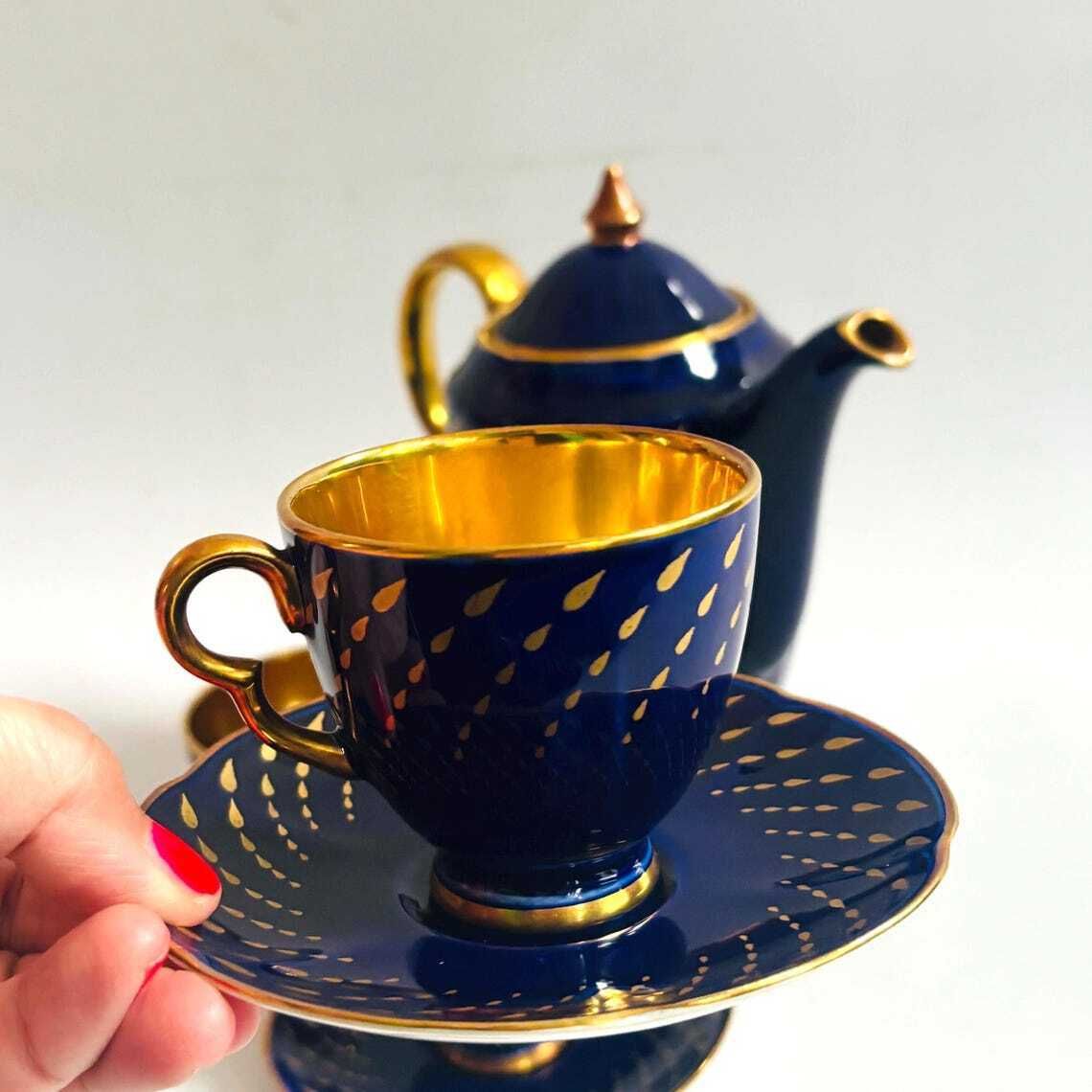 Rare Art Deco Crown Devon Fieldings Cobalt & 24k Gold Teardrop Coffee Service photo Home Decor