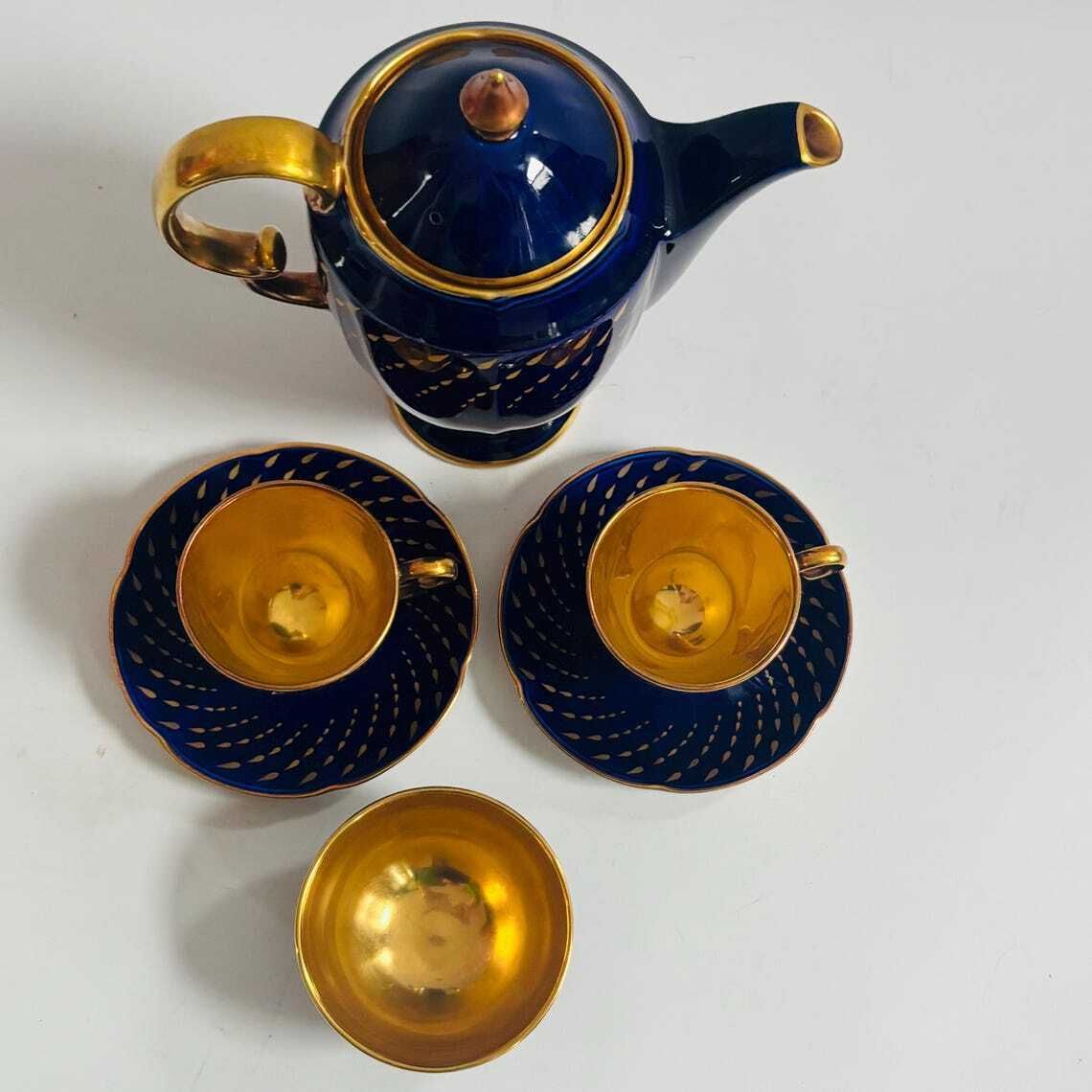photo for sale Rare Art Deco Crown Devon Fieldings Cobalt & 24k Gold Teardrop Coffee Service