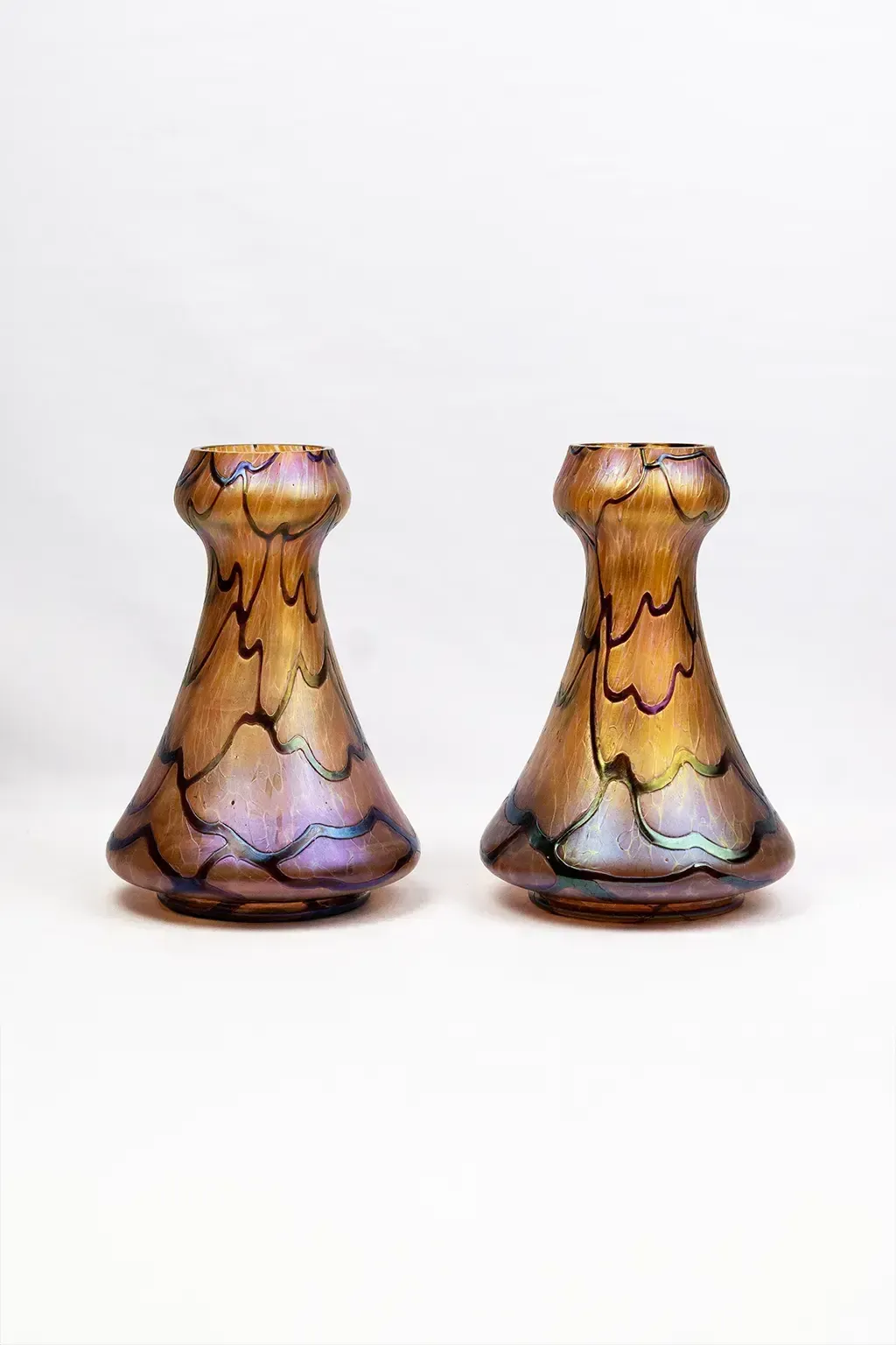 Pair Of Art Nouveau Vases In Iridescent Glass  Palme König And Habel Bohemia Circa 1900 photo for sale