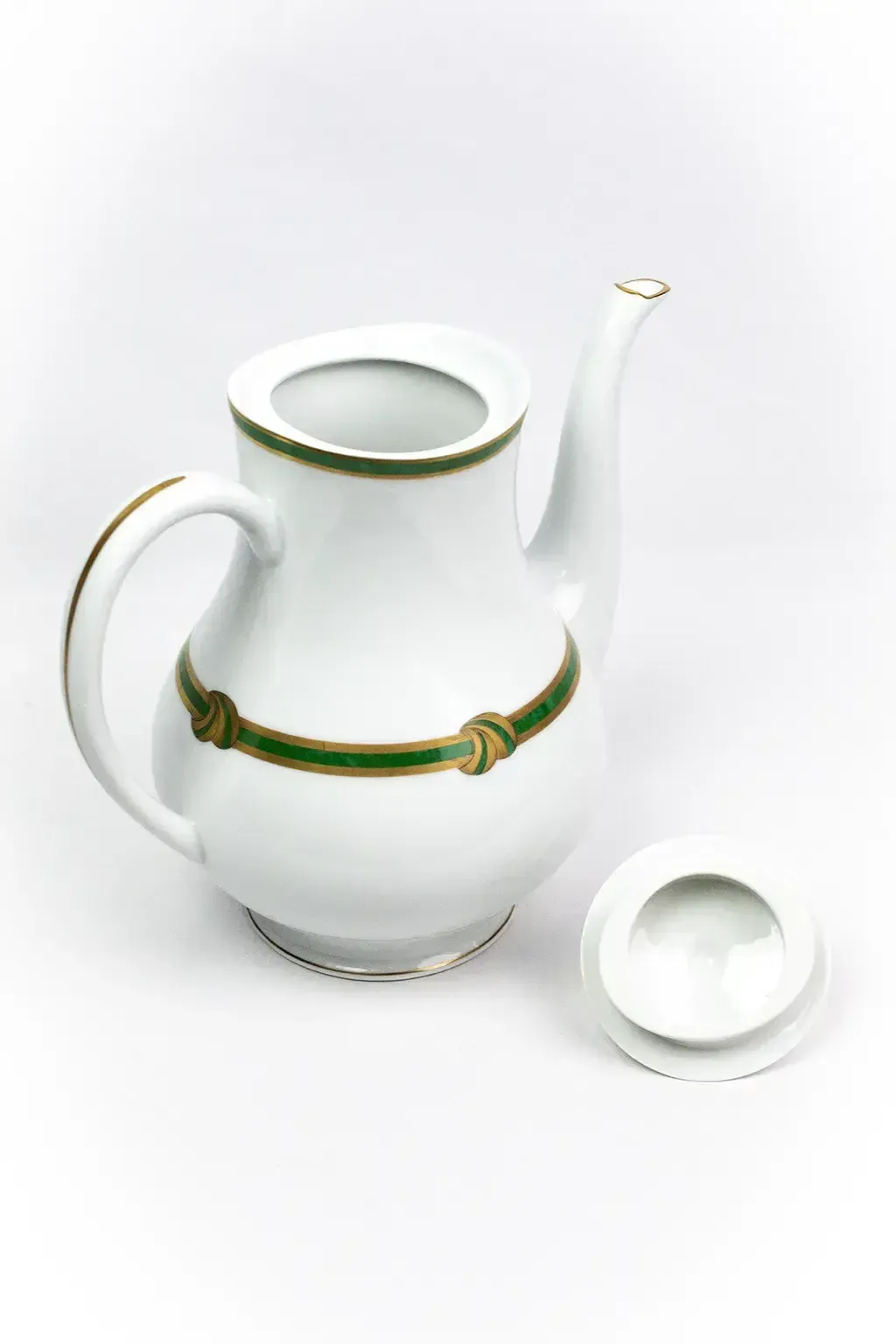 photo for sale Christofle Paris  Green Ribbon Porcelain Teapot  Green And Gold Enamel Decoration