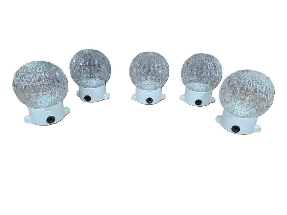 392.0 Vintage Wall Lamps With Glass Spheres On White Ceramic Base, 1970s, Set Of 5 photo